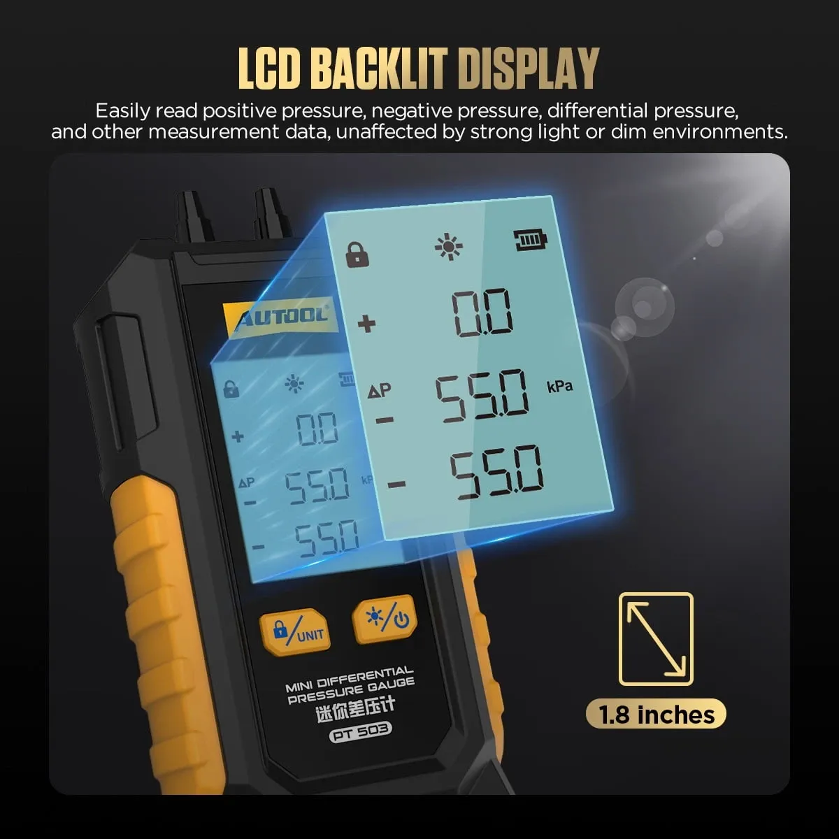 Mini digital differential pressure gauge with backlit LCD display, showing pressure readings and illuminated screen details, in black and yellow trade-style housing.